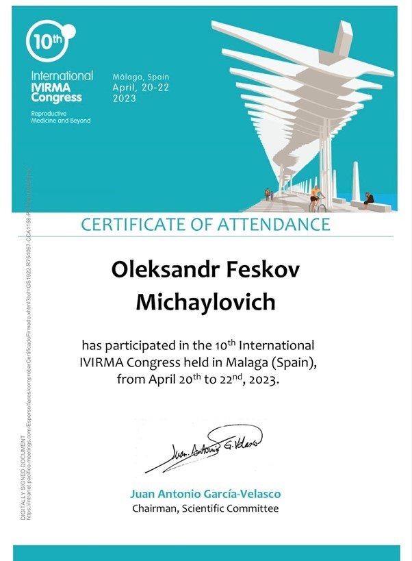 сертифікат Феськова Олександра про участь у 10th International IVIRMA Congress Málaga, Spain April 20-22, 2023